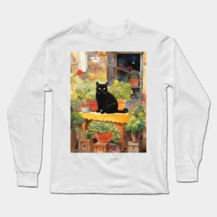 Cat in the garden watecolor Long Sleeve T-Shirt